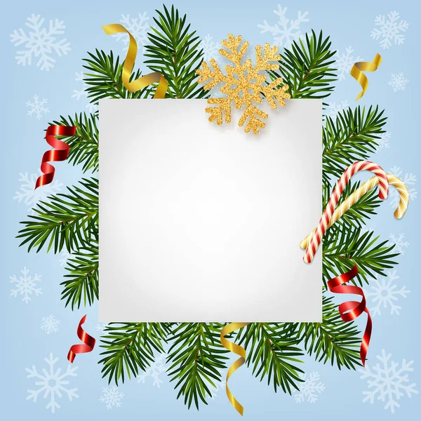 Χριστούγεννα και Πρωτοχρονιά φόντο με ρεαλιστικά κλαδιά πεύκου, καραμέλα μπαστούνια, serpentine, glitter χρυσό νιφάδα χιονιού. Πρότυπο για τα Χριστούγεννα και το Νέο Έτος ευχετήρια κάρτα, αφίσα, κάρτα, πανό — Διανυσματικό Αρχείο