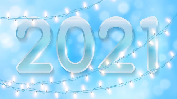 蓝色的圣诞背景 闪烁着亮晶晶的酒桶 闪亮的花环和2021号 圣诞背景 冬季和新年假期有轻便的花环 — 图库矢量图片
