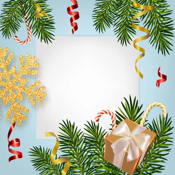 Рождество и Новый год фон с реалистичными сосновыми ветвями, коробка подарков, леденцы, змея, блеск золотой снежинки. Открытки на Рождество и Новый год, плакат, открытка, баннер — стоковый вектор