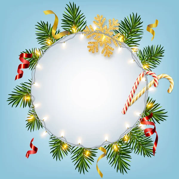 Χριστούγεννα Και Πρωτοχρονιά Φόντο Ρεαλιστικά Κλαδιά Πεύκου Λάμπει Γιρλάντες Καραμέλα — Διανυσματικό Αρχείο
