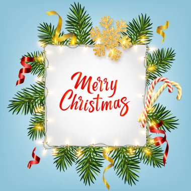 Gerçekçi çam dalları, parlak çelenkler, şeker kamışları, yılanbalığı, parıltılı altın kar taneleri, Mutlu Noeller yazılı Noel arkaplanı. Noel tebrik kartı, poster, kartpostal, pankart