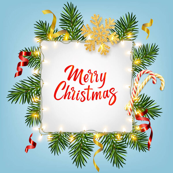 Christmas background with realistic pine branches, shining garlands, candy canes, serpentine, glitter gold snowflake, lettering Merry Christmas. For Christmas greeting card, poster, postcard, banner