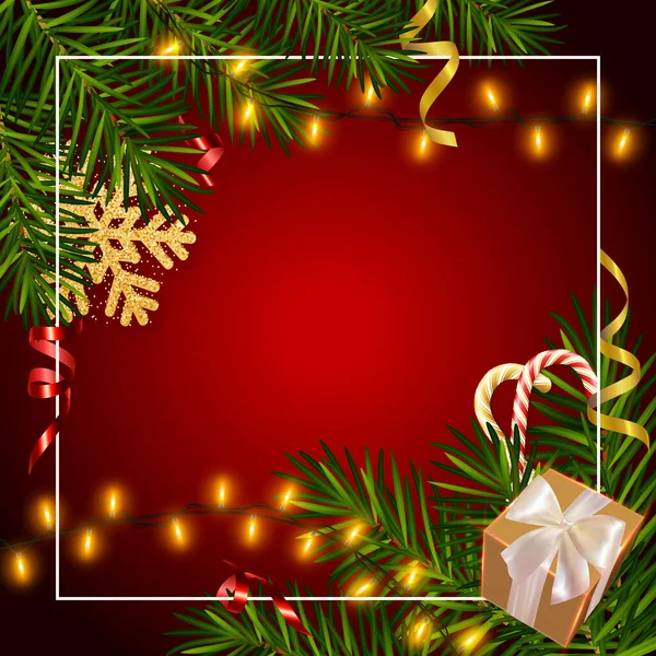 Різдвяний Новорічний Фон Реалістичними Гілками Сосни Цукерками Серпантином Подарунковою Коробкою — стоковий вектор