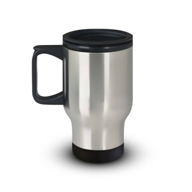 Metalik termos bardağa tarafında siyah saplı. Vektör çizim.