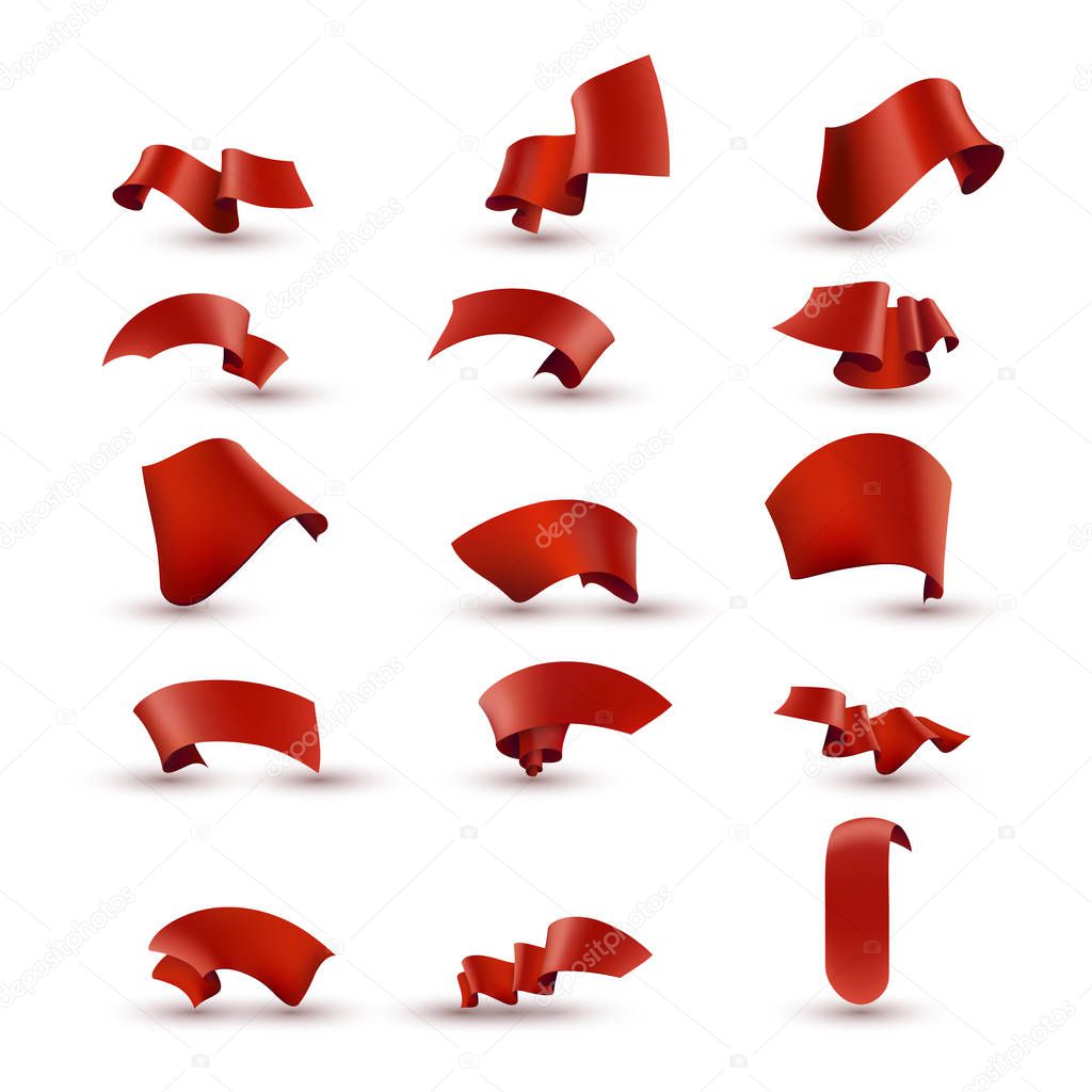 Set of realistic silk red vector ribbons, flags, banners. Vector illustration.