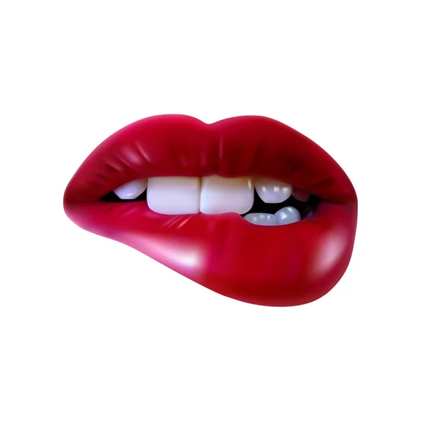 性感的红色嘴唇 咬一个人的嘴唇 矢量插图 — 图库矢量图片