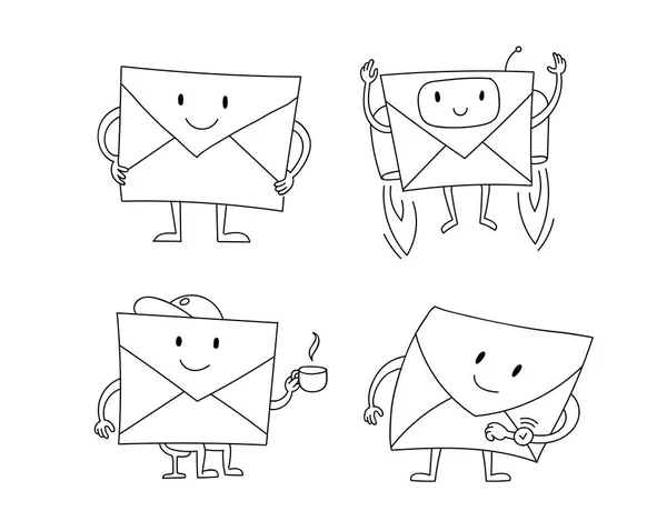 Enveloppes lettre en attente d'envoi abonnement. Jeu de collection de caractères vectoriel illustration clipart stock. Ligne noire dessinée à la main . — Image vectorielle