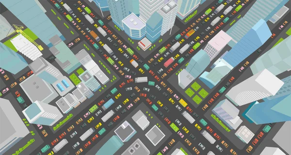 城市街路通堵塞道 3d 。非常高的细节投影视图。很多汽车结束建筑物顶部视图矢量图 — 图库矢量图片