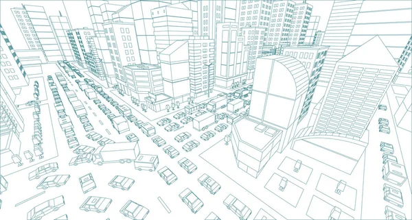 Δρόμο της πόλης διασταύρωση μποτιλιαρίσματα δρόμο 3d σχεδίασης. Μπλε γραμμές περίγραμμα στυλ περιγράμματος πολύ υψηλή λεπτομέρεια προβολής. Πολλά αυτοκίνητα τέλος εικονογράφηση διάνυσμα κάτοψη κτιρίων — Διανυσματικό Αρχείο