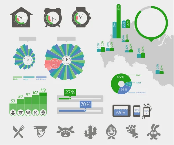 Infografías universales. Mapa del reloj, diagramas de círculo. Elementos de la interfaz. Iconos de entretenimiento. Ilustración vectorial stock plano — Archivo Imágenes Vectoriales