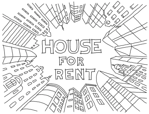 Background for text on the rental of real estate sketch. Apartment house in a circle frame. Hand drawn black line. Flat vector illustration stock clipart — Stock Vector