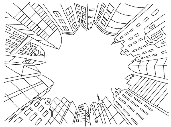 Patio de la ciudad en casa en un marco circular. Lugar de fondo para el texto. Alquiler de boceto de bienes raíces . — Vector de stock