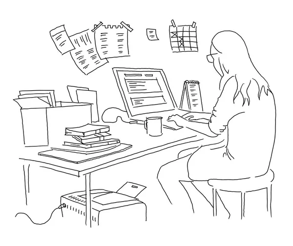 Dziewczyna pracuje w tabeli szkicu — Wektor stockowy