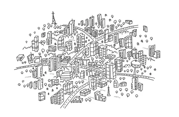 Stadtskizze im Kreis. Handgezeichnete schwarze Linie. — Stockvektor