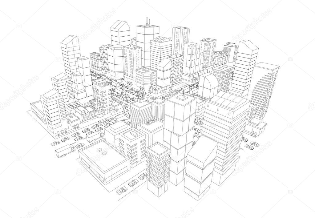 View of the big city panorama 3d contours