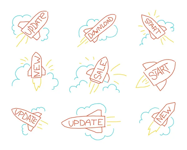 Schets Rocket hand getrokken materieel. Upgrade update start download en verkoop. — Stockvector