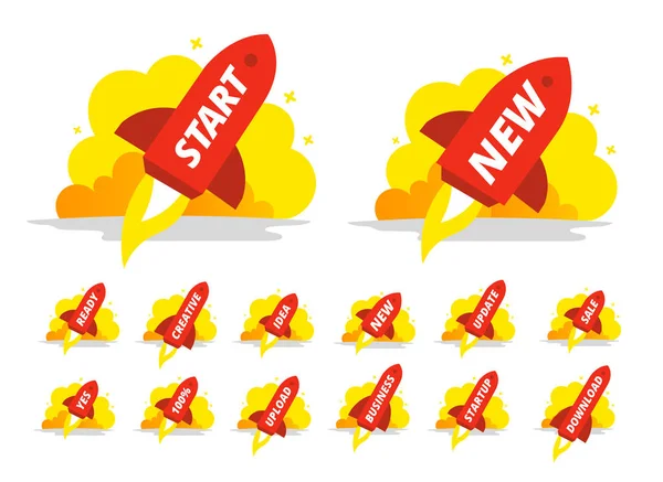 Start rode raket kleur afbeelding instellen Het opstarten. Starten van een bedrijf. — Stockvector