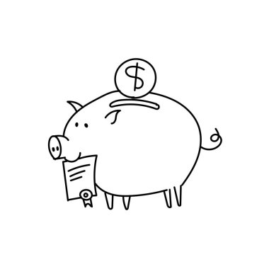 Kumbara krokisi. Ağzına bir belgeyle domuz rüşvet. Vektör çizim clipart.