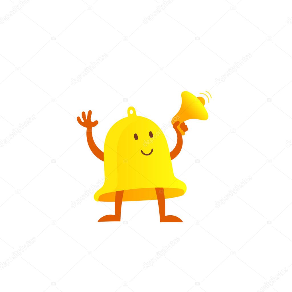 Bell alarm mascot character with loudspeaker. Call clock signal golden yellow with a megaphone.