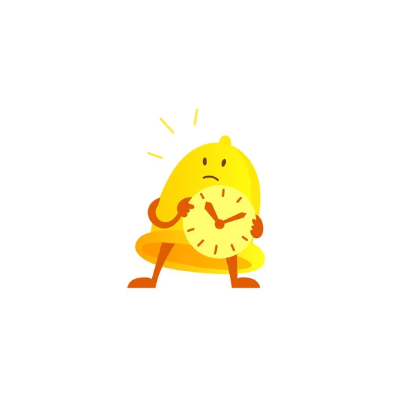 Bell alarm character mascot with a clock in his hands expectation. Call clock signal golden yellow. — Stock Vector