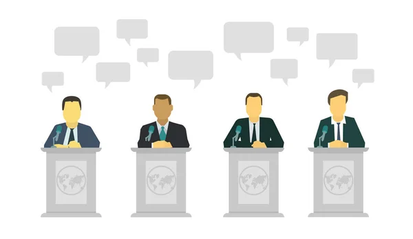 Politikai vita. Párbeszéd a politikusok, a színpadon. Beszéd rostrum mikrofon. — Stock Vector