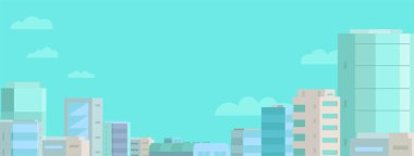 Web banner arka plan. Panorama şehir ve mavi gökyüzü. Standart ölçü. Metin için yer.