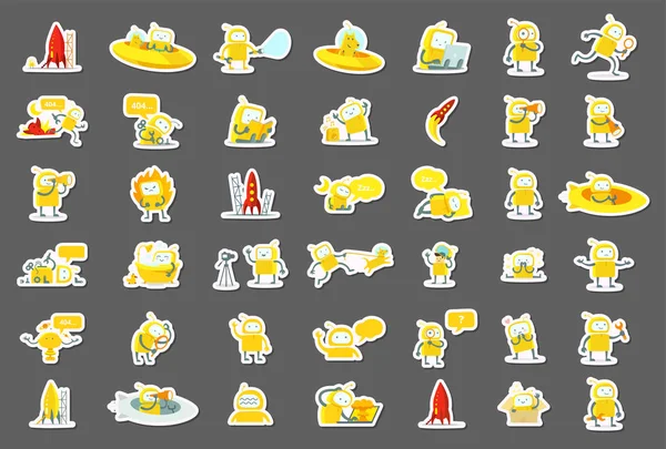 Robôs adesivos personagem grande conjunto. Versão de cor amarela. Busca, ufo e outros. Ilustração da coleção . — Vetor de Stock