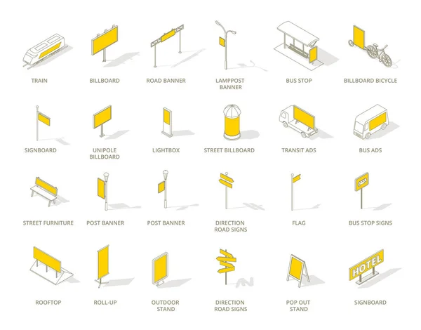 Набор значков наружных рекламных носителей. Изометрическая контурная линия и желтый цвет . — стоковый вектор