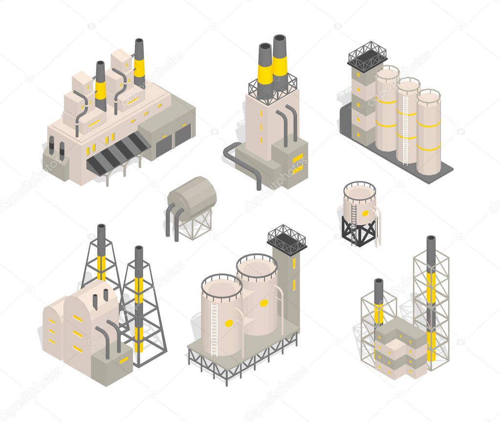 Set industrial factories plant building Isometry vector illustration. Industrial production factory.