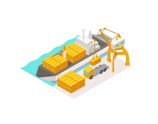 Isometrisk Last harbor terminal. Pråm container frakt av havet. Paketleveranser. — Stock vektor