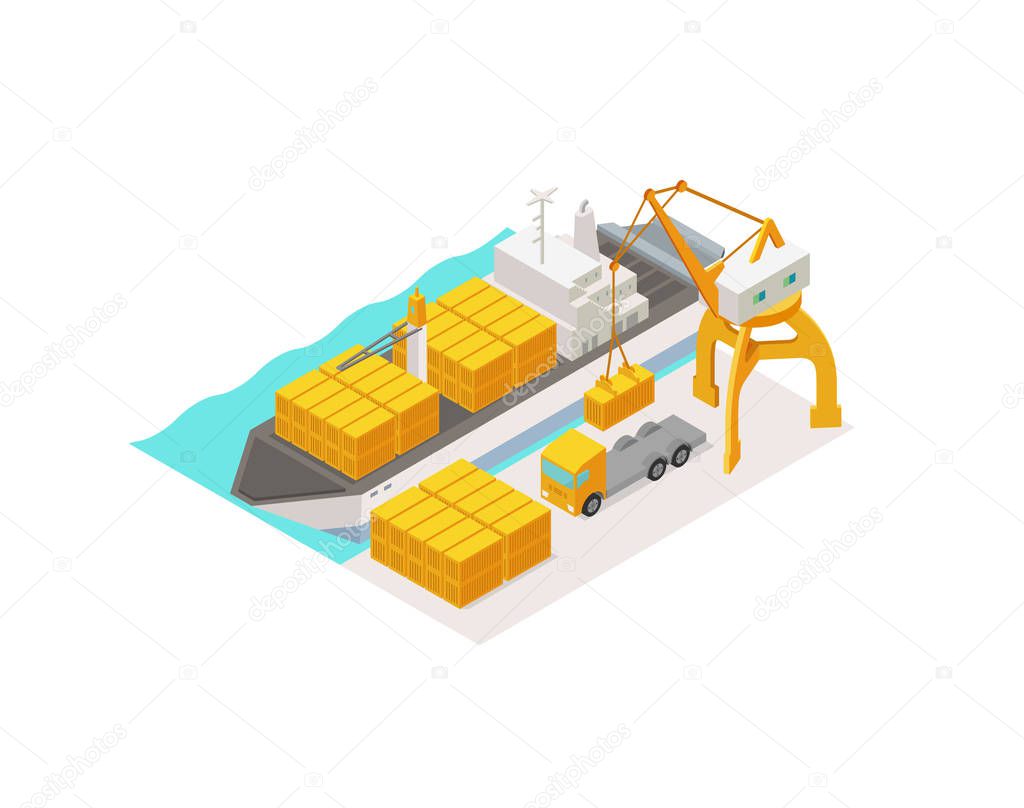 Isometric cargo harbor terminal. Barge container shipping by sea. Parcel delivery.