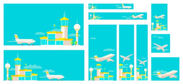 Conjunto de pancartas edificio terminal aeropuerto y avión . — Vector de stock