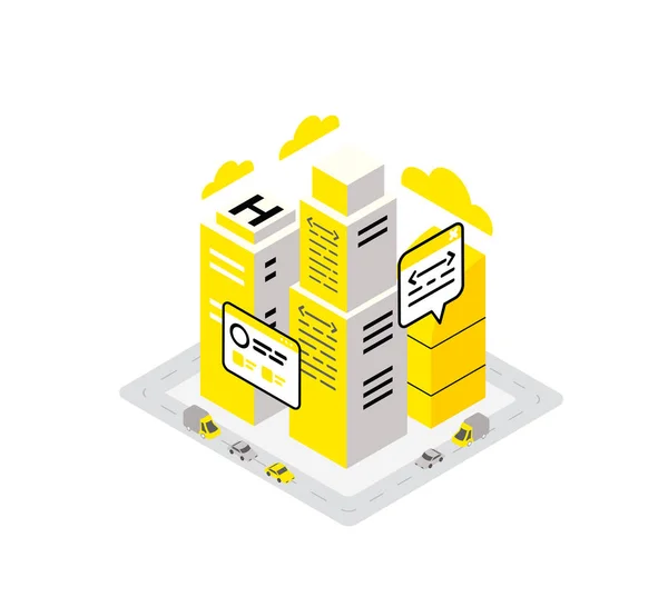Smart City Data Infrastructure Server isometrisches Konzept. gelb, schwarz und grau Infografik-Symbol — Stockvektor
