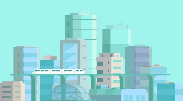 Paysage urbain. Architecture moderne, bâtiments, gratte-ciel. Train traversant le métro léger. Illustration vectorielle plate . — Image vectorielle