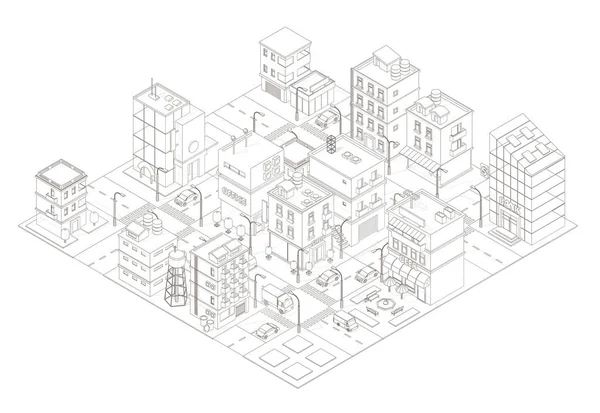 Rua da cidade Estrada de intersecção. Edifícios Vista superior isométrica. linhas cinza contorno contorno estilo . —  Vetores de Stock