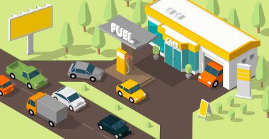 Akaryakıt istasyonu afiş. Dolumu yakıt, yol Dükkanı, Onarım Servisi. Petrol benzin istasyonu ve arabalar. Benzin deposu, benzin. Renkli vektör izometrik görünümü.