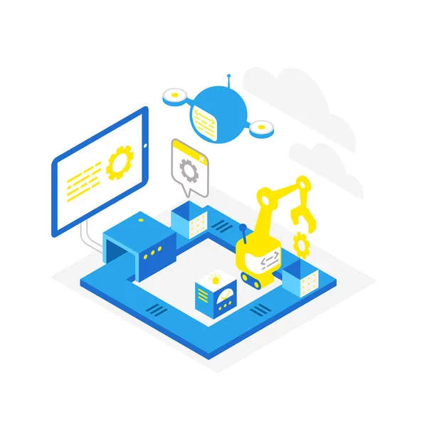 Utveckling av programvara. Tekniska transportband ikonen. Programmering testning robotar och drönare. Isometrisk infographic. Blå färger. — Stock vektor