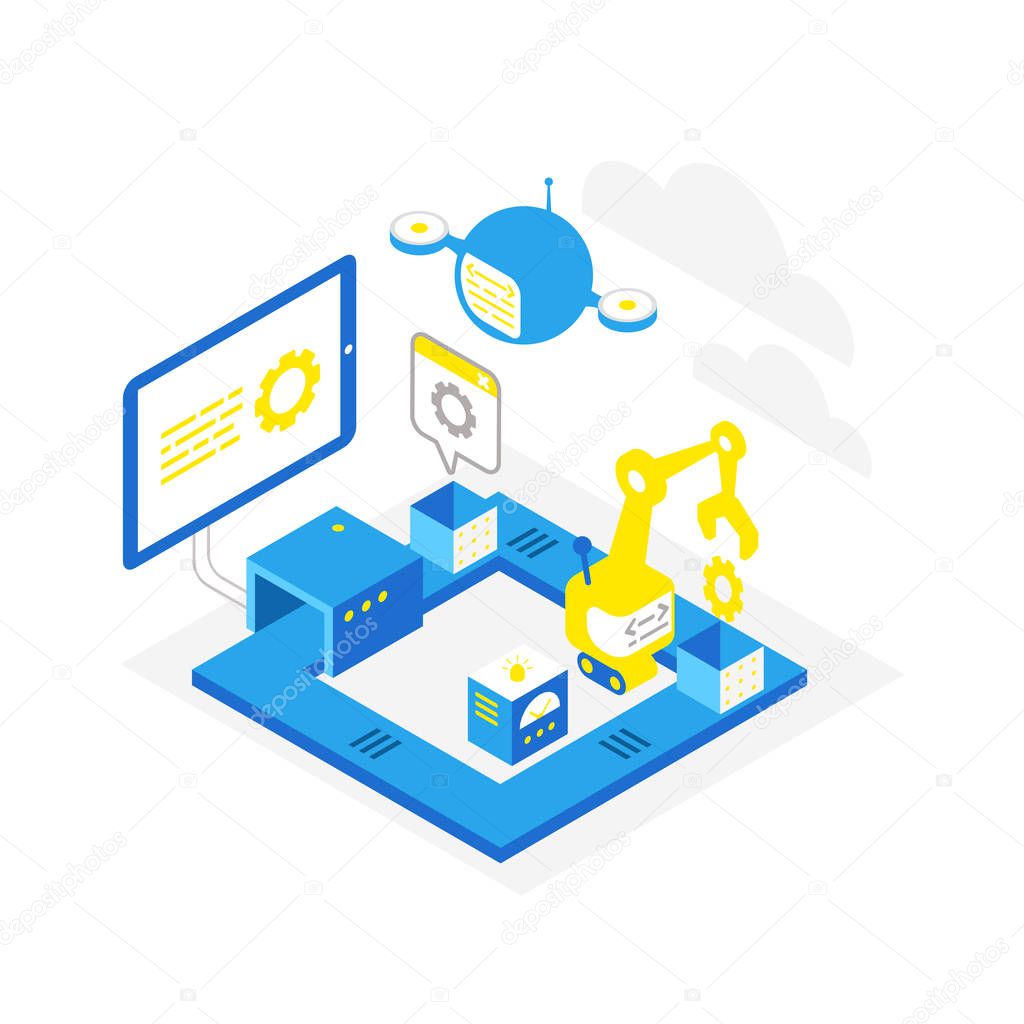 Software development. Technological conveyor icon. Programming testing robots and drones. Isometric infographic. Blue colors.