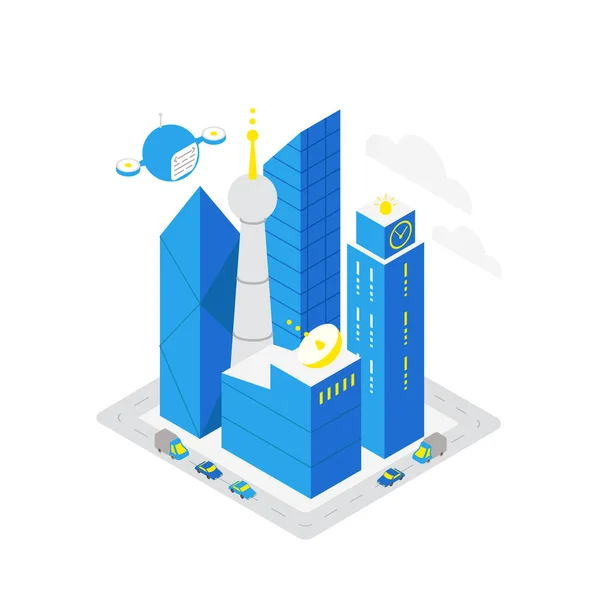 Inteligentní město datové infrastruktury serveru izometrické koncept. TV věž infografika ikona Hosting technologie automatizace s prací v síti. Modré barvy. — Stockový vektor