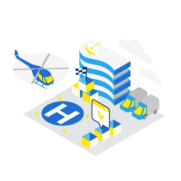 Una ciudad inteligente. Helicóptero helipuerto infraestructura de datos tecnología concepto isométrico. Helipuerto de almacenamiento en la nube de Internet. Colores azul y amarillo . — Archivo Imágenes Vectoriales