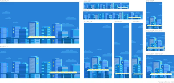 Web Banner şablon kümesi. Panorama city mavi gökyüzü. Standart ölçüler reklam için. Hafif raylı metro tren geçerken tren. Akşam veya gece. — Stok Vektör