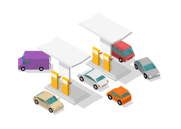 Filling station. Refilling fuel cars. Motorway road service. Petroleum gas station. Petrol tank, gasoline. Colorful vector isometric view. — Stock Vector