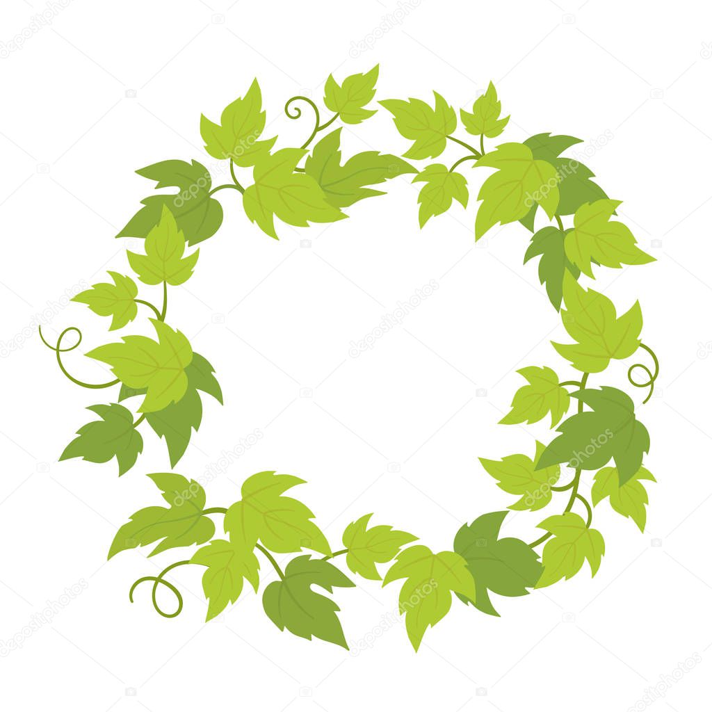 Grapevines plant frame circle banner. Round border grape frame. Place for text name or logo. Grapes green leaves. Vector flat Illustration.