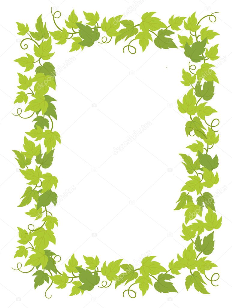 Grapevines plant frame A4 sheet wine list. Rectangular border grape frame. Space place for text name or logo. Vector flat Illustration. Green leaves. Copy space.