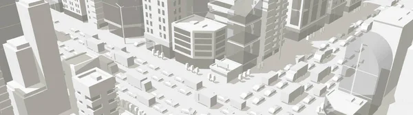 Budynki miejskie w tle ulica w jasnych odcieniach szarości. Skrzyżowaniu dróg 3D. Widok projekcji miasta o wysokim szczególe. Samochody koniec budynków widok z góry. Wektor poziomej prostokątny format baneru. — Wektor stockowy