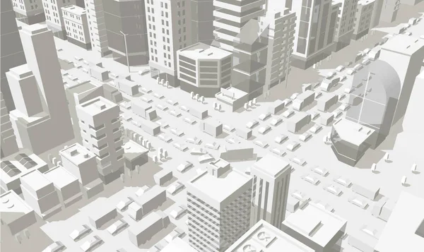 Budynki miejskie 3D tło ulica w jasnych odcieniach szarości. Skrzyżowanie dróg. Widok projekcji miasta o wysokim szczególe. Samochody koniec budynków widok z góry. Ilustracja wektorowa. Poziomy prostokątny format baneru. — Wektor stockowy