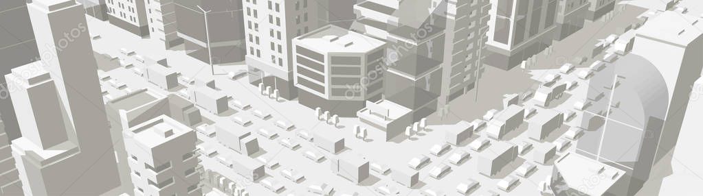 City buildings background street In light gray tones. 3d road Intersection. High detail city projection view. Cars end buildings top view. Vector horizontal rectangular banner format.