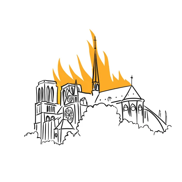 Fuego de Notre-Dame de Paris. Noticias trágicas de Francia. Vista de la aguja. Ilustración vectorial . — Vector de stock