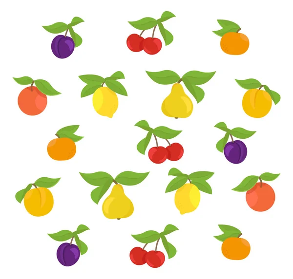 Früchte bilden den Hintergrund. Apfel, Pfirsich und Zitrone Mandarinenbirne. Kirsche und Pflaume. Vektorillustration. mehrfarbig mit Blättern. — Stockvektor