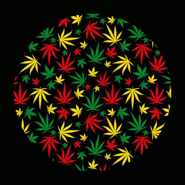 Yuvarlak rasta desen arka plan. Daire reggae jamaikalı süs. Marihuana yaprağı. Rastafarian esrar kenevir şablonu doldurmak. Vektör clipart.